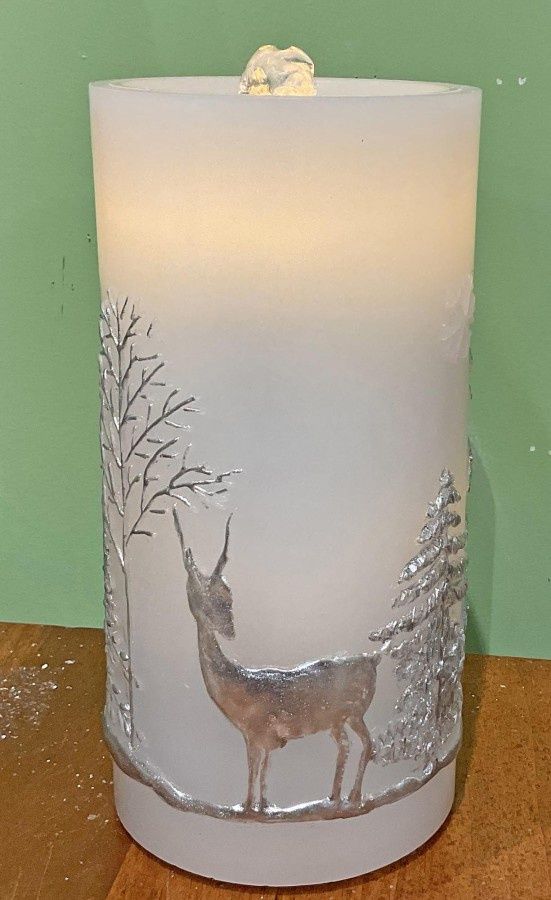 Water Candle, Deer/Tree White &amp; Silver 4x8