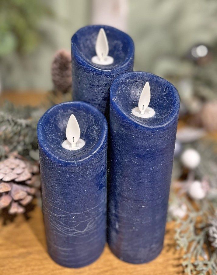 Candle, LED Dk Blue Pillar Set/3 Remote 2x5/6/7"