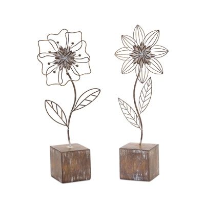 Table Top, Wire Flower w/ Wood Block Base 14" 2 Asst