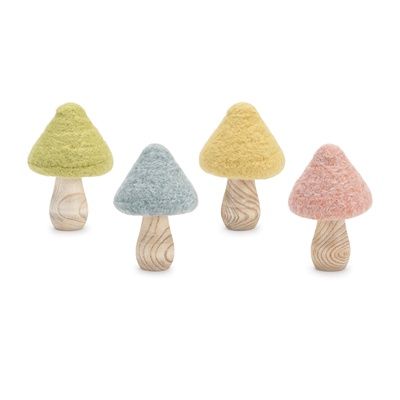 Mushroom, Pastel Wool Top w/Wood Base 4" 4 Asst