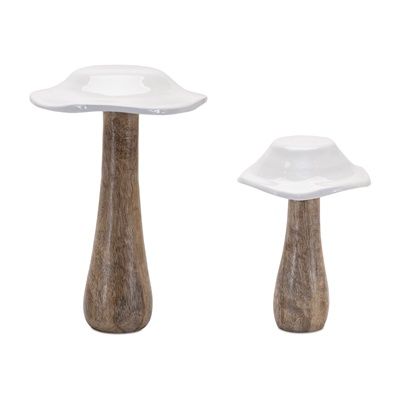Figurine, Mushroom Set/2 Wood with White Top 5&quot;/8&quot;