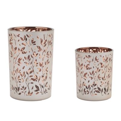 Candle Holder, Copper Glass w/ Etched Leaves Set 2