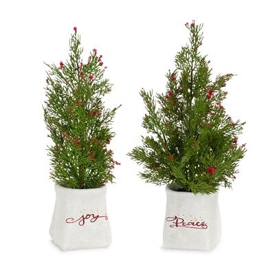 Tree, Evergreen w/Red Berries Potted Set/2 14&quot;/16&quot;