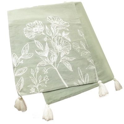 Table Runner, Sage Green White Embroidered Flowers