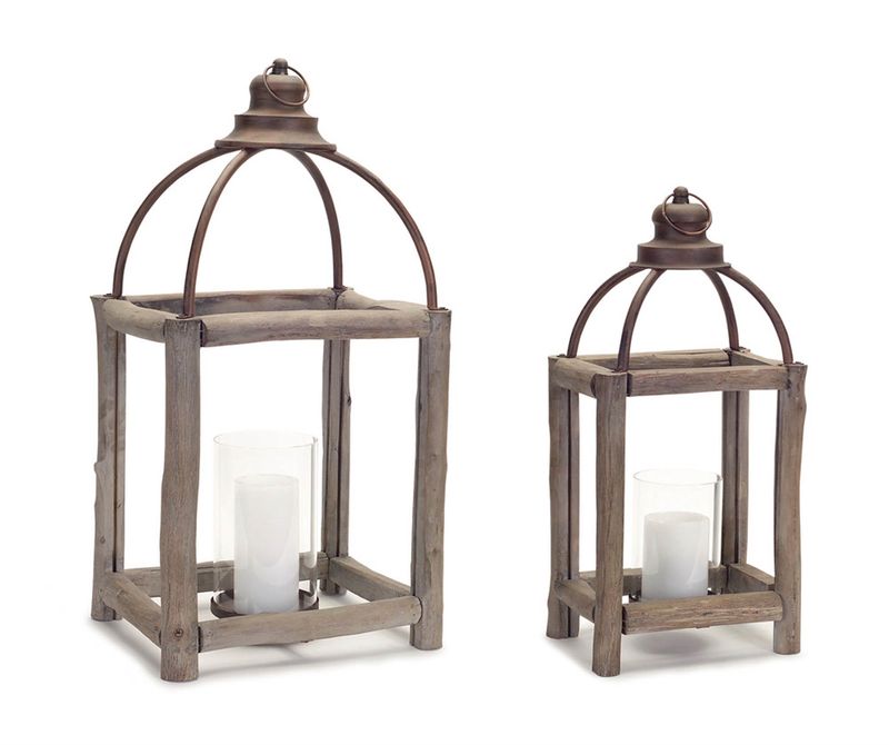Lantern, Natural Wood/Round Metal Top Set/2 20/26&quot;