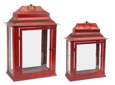 Lantern, Antique Red Metal Rectangle 16&quot;22&quot; Set/2