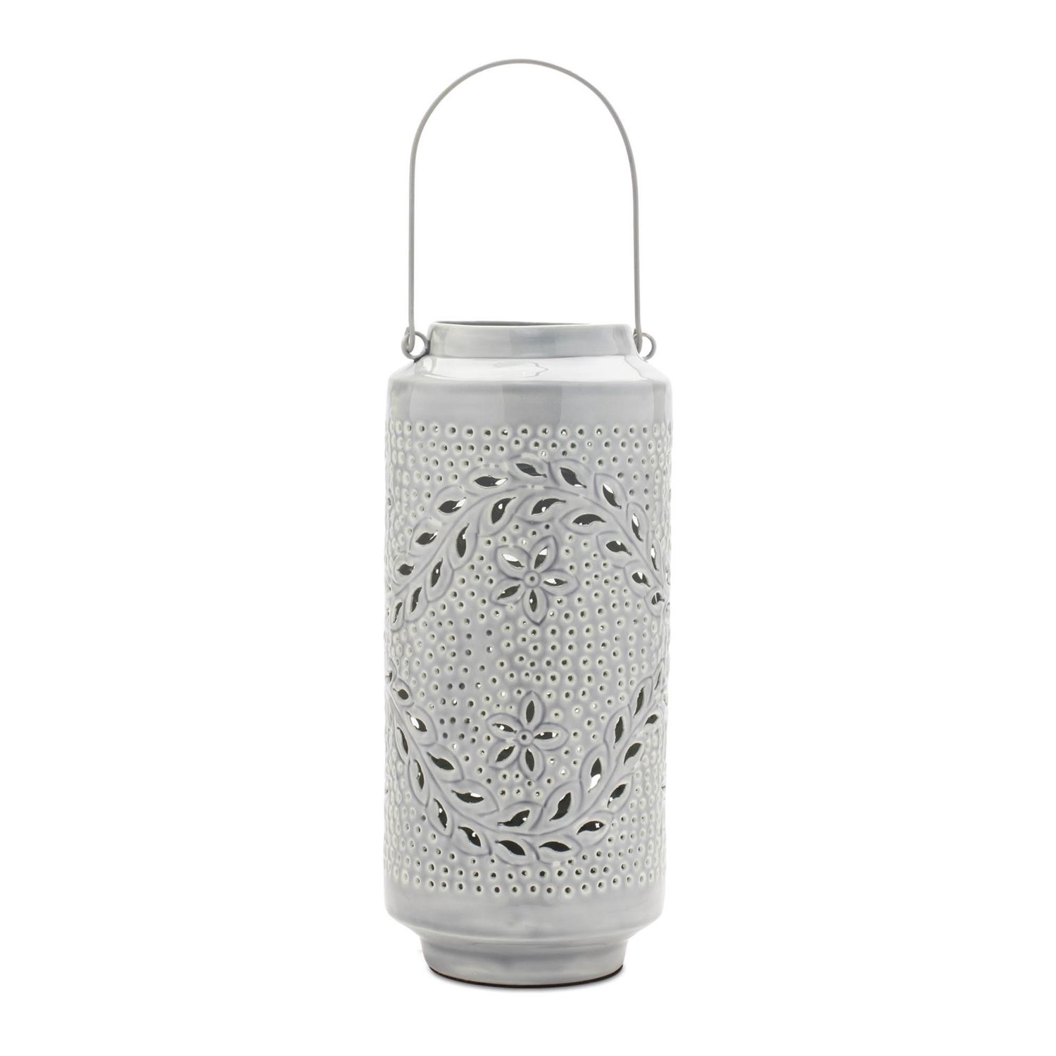 Lantern, Gray Iron Leaf Cut-Out 15.5&quot; w/Handle