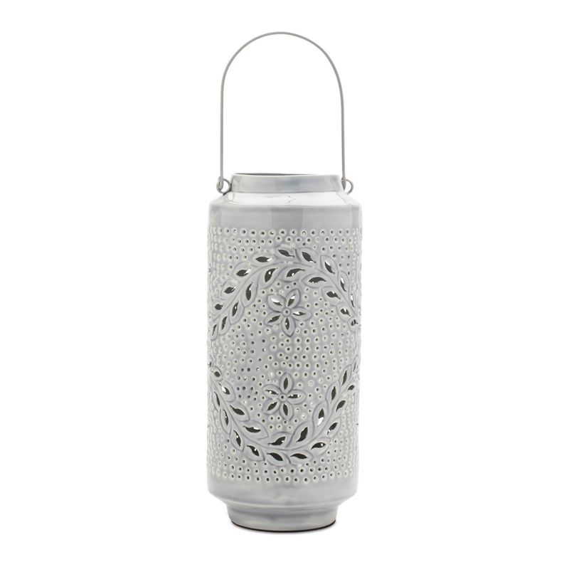 Lantern, Gray Iron Leaf Cut-Out 15.5&quot; w/Handle