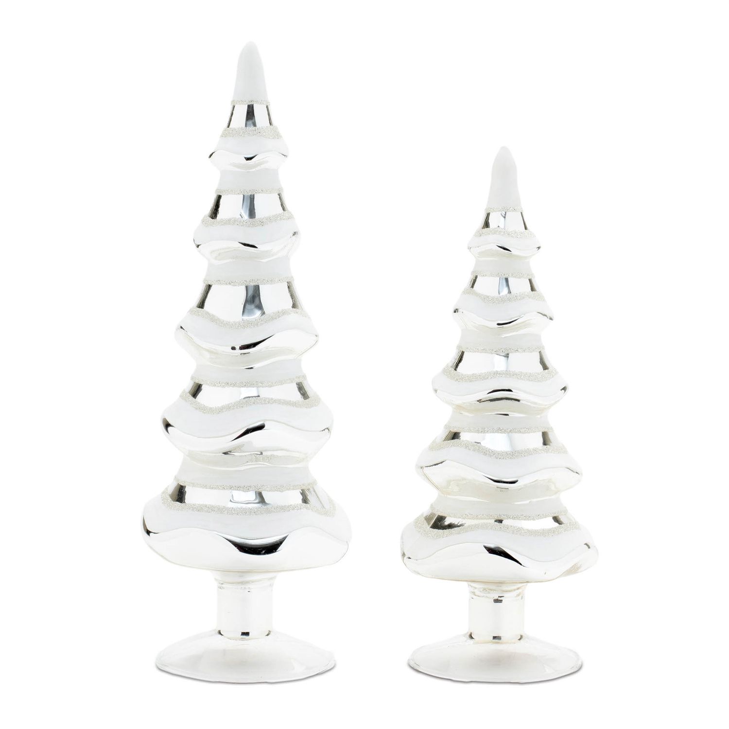Tree, Silver Glass w/White Accents 10&quot;/12&quot; Set/2