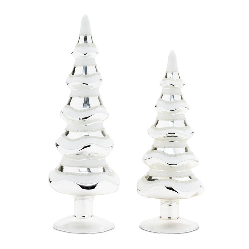 Tree, Silver Glass w/White Accents 10&quot;/12&quot; Set/2