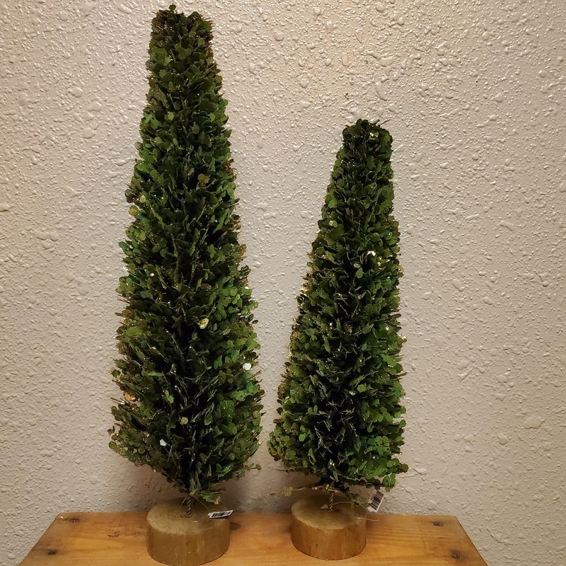 Cone Tree, Green Flake on Wood Block 16/20&quot; Set/2