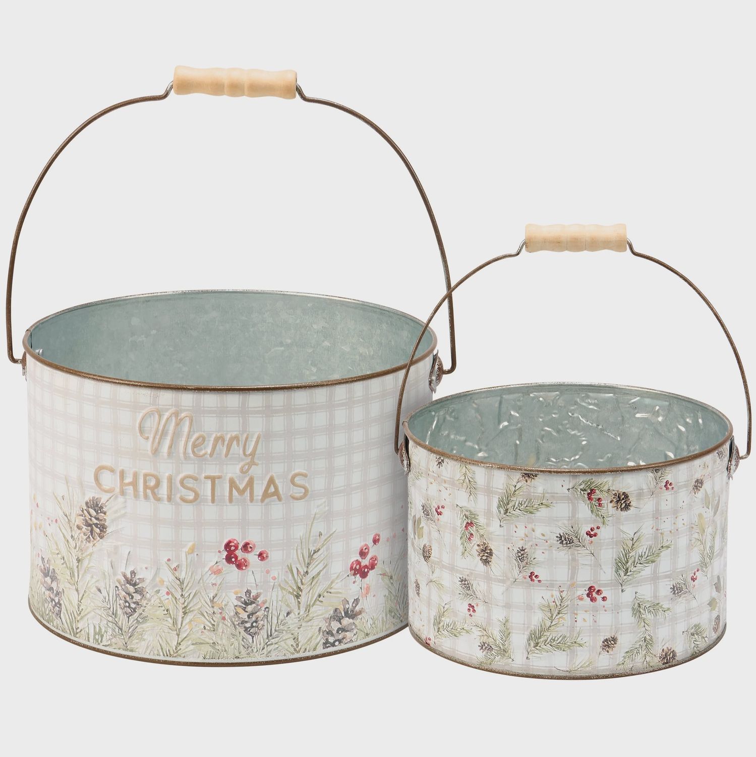 Bucket, Metal Merry Xmas Greens w/Handle 2 Asst Sizes
