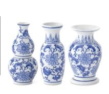 Vase, Set/3 Blue/White Porcelain Chinoiserie