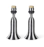 Candle Holder, Set/2 Blk/Wht Striped Ceramic Taper 10"