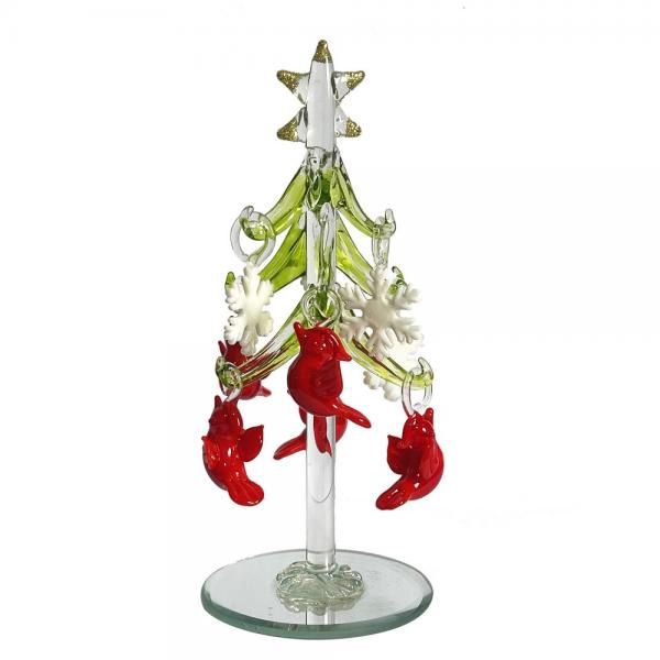 Tree, 6&quot; Handcrafted Glass w/Cardinal &amp; Snowflake Ornaments