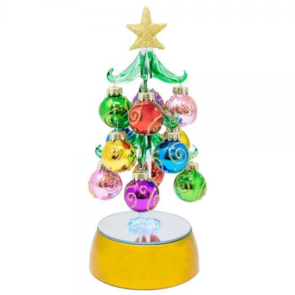 Tree, 8&quot; Green Glass LED w/Swirl Ornaments