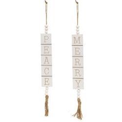 Ornament, White Beaded Wooden Tile hanger 2 Asst