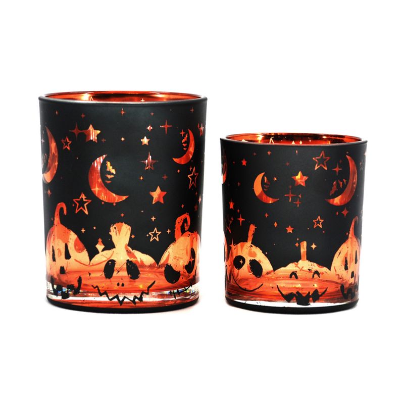 Candle Holder, Spooky Halloween Glass Blk/Org Set/2