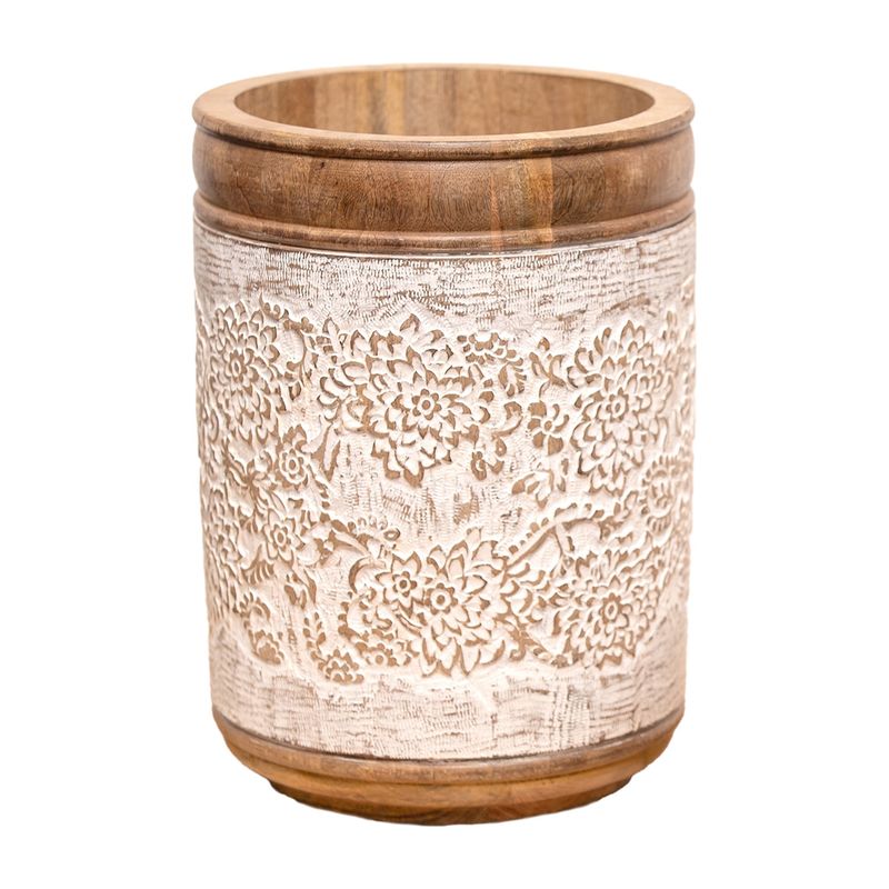 Pot, Lg Flower-Engraved Mango Wood 11.5&quot;x16&quot;