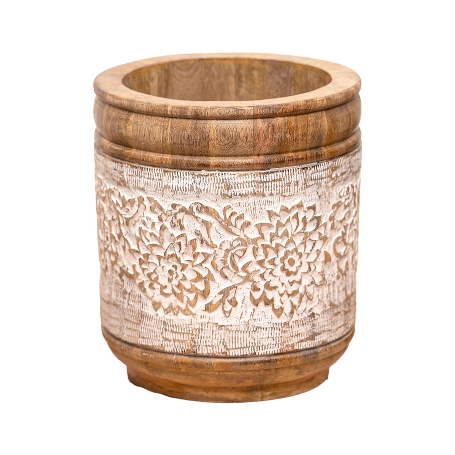 Pot, Med Flower-Engraved Mango Wood 9&quot;x10.5&quot;