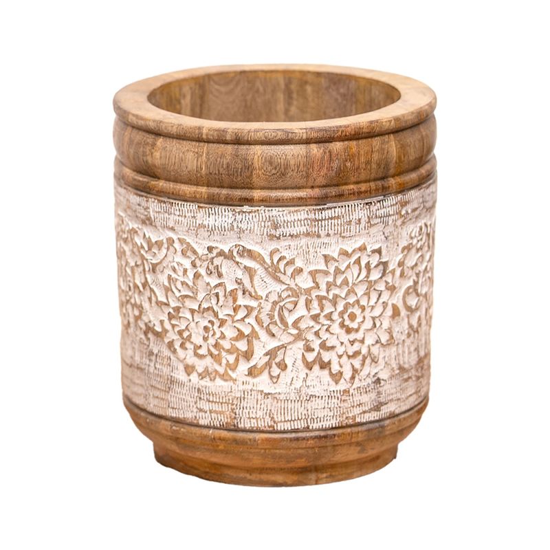 Pot, Med Flower-Engraved Mango Wood 9&quot;x10.5&quot;