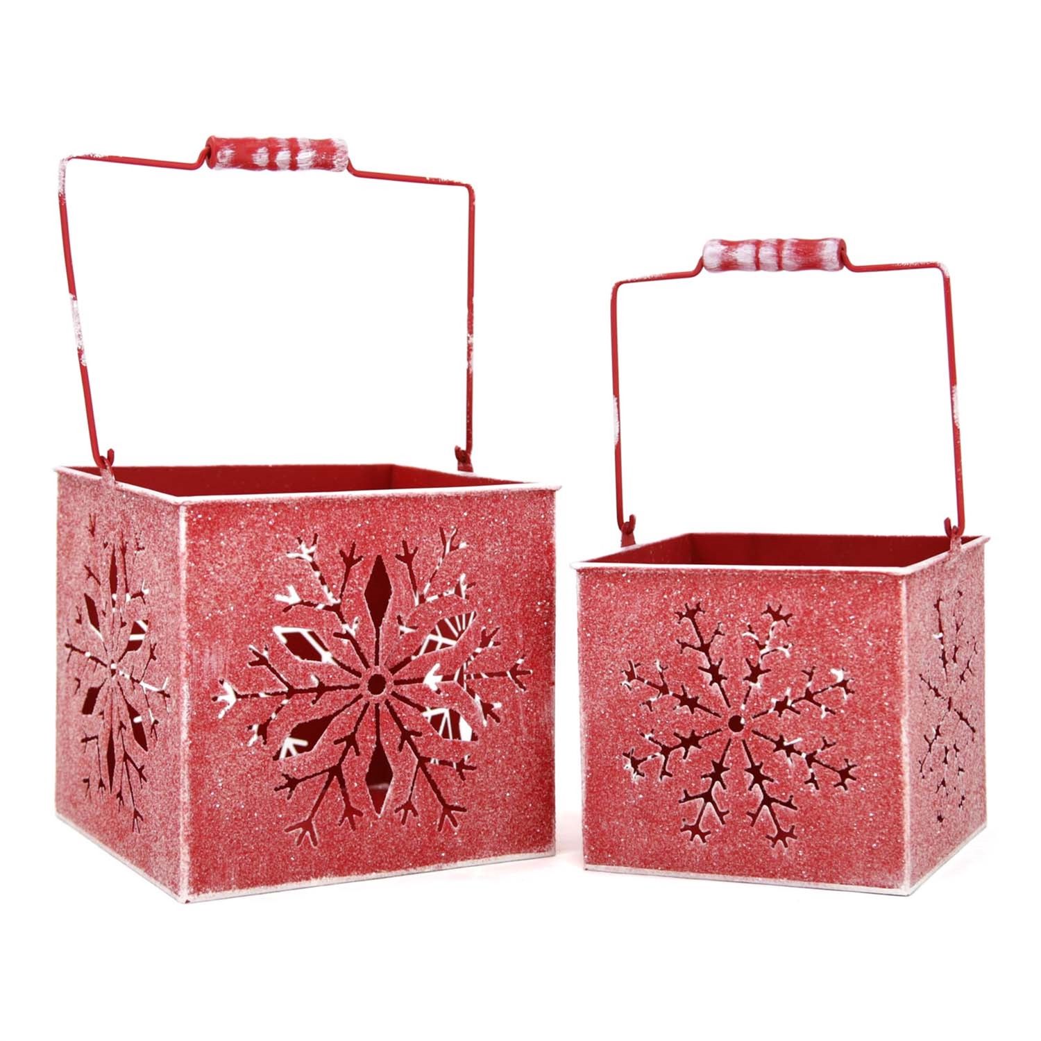 Tin, Set/2 Red Snowflake Cutout Metal Boxes w/Handles