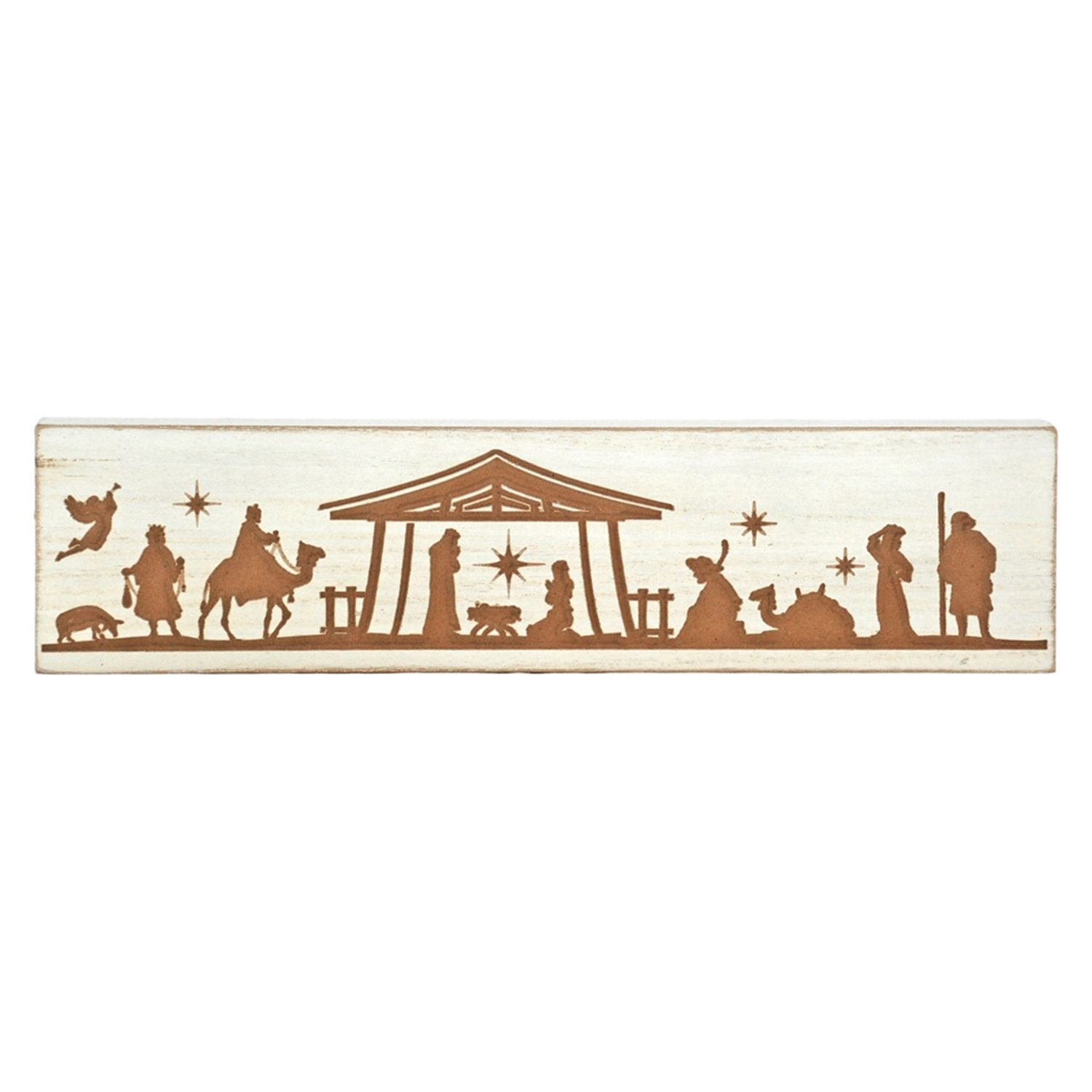 Nativity, Wide Wood Block White Carved 4x16&quot;