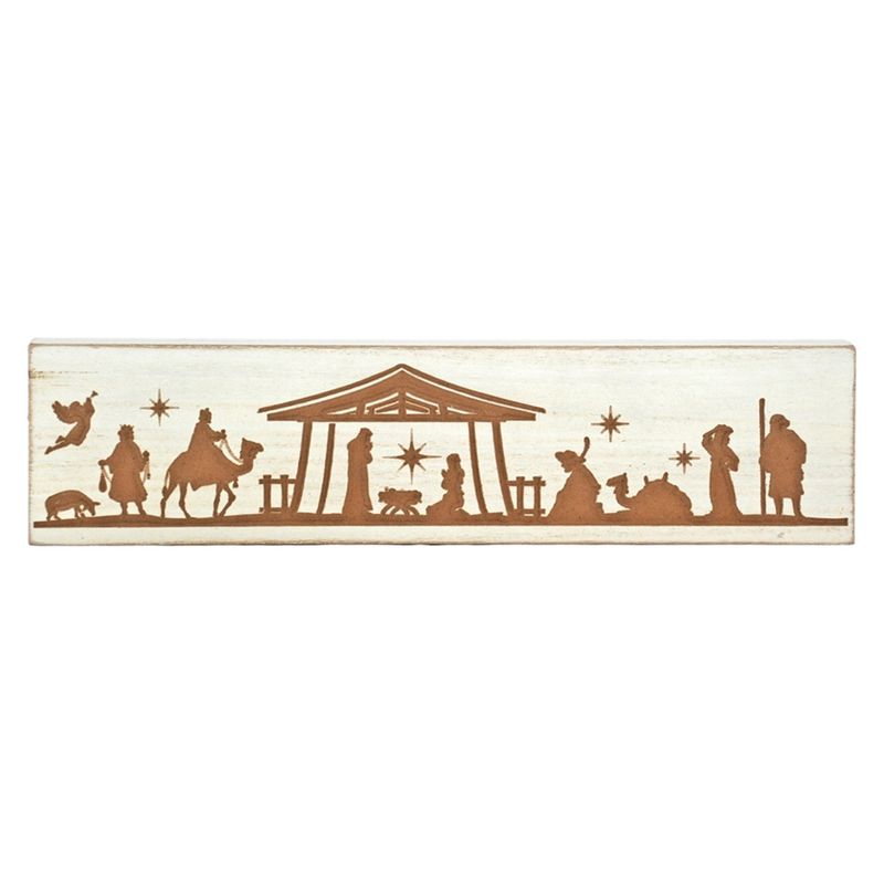 Nativity, Wide Wood Block White Carved 4x16&quot;