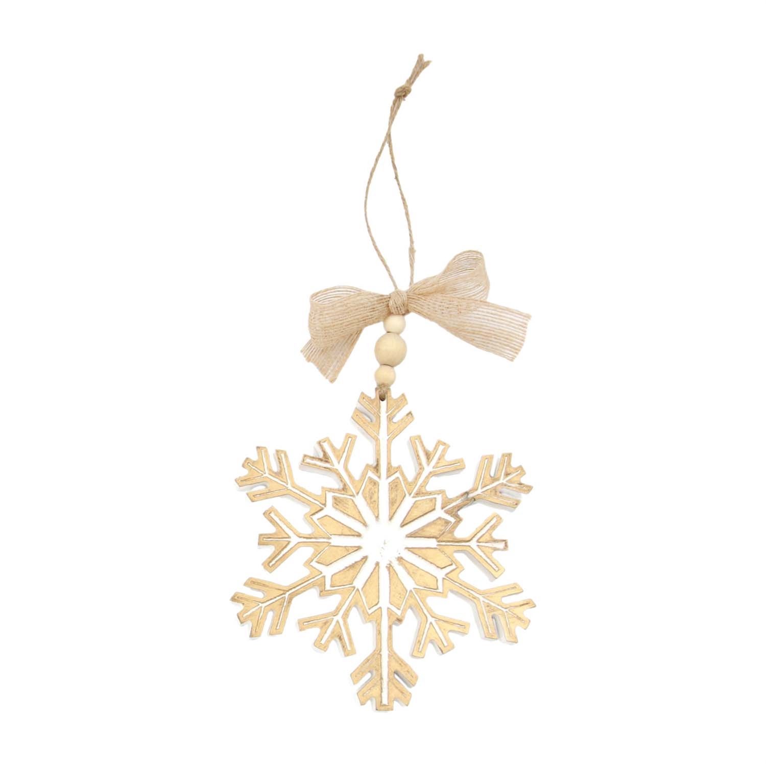 Ornament, Gold/White Wood Snowflake Beaded Hanger