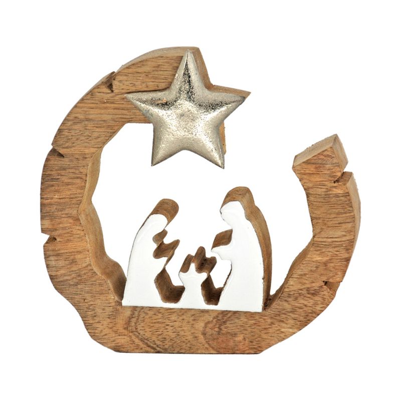 Nativity, Carved Wood Block w/White Enamel 6.5&quot;x7&quot;