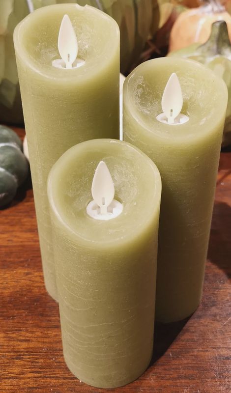 Candle, Set/3 Pillar Sage Green 5/6/7&quot; Timer w/Remote