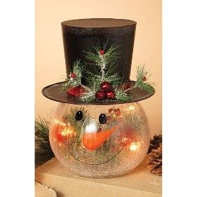 Snowman, 11.2" Electric Lighted Crackle Glass w/Blk Metal Hat
