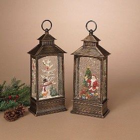 Snow Globe, 14&quot; Spinning Snowman/Santa in Lantern w/Cord