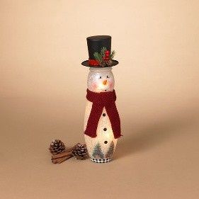 Snowman, Electric Lighted Metal &amp; Frosted Glass w/Fabric Scarf 15"