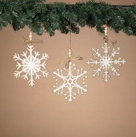 Ornament, 7.8" Whitewashed Wood Snowflake Burlap/Beads