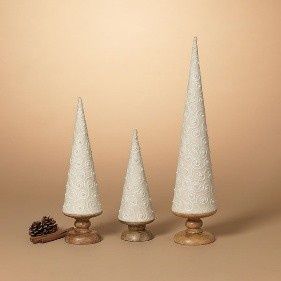 Cone Tree, Scroll Design Pearl Embellished Set/3 Wood Base
