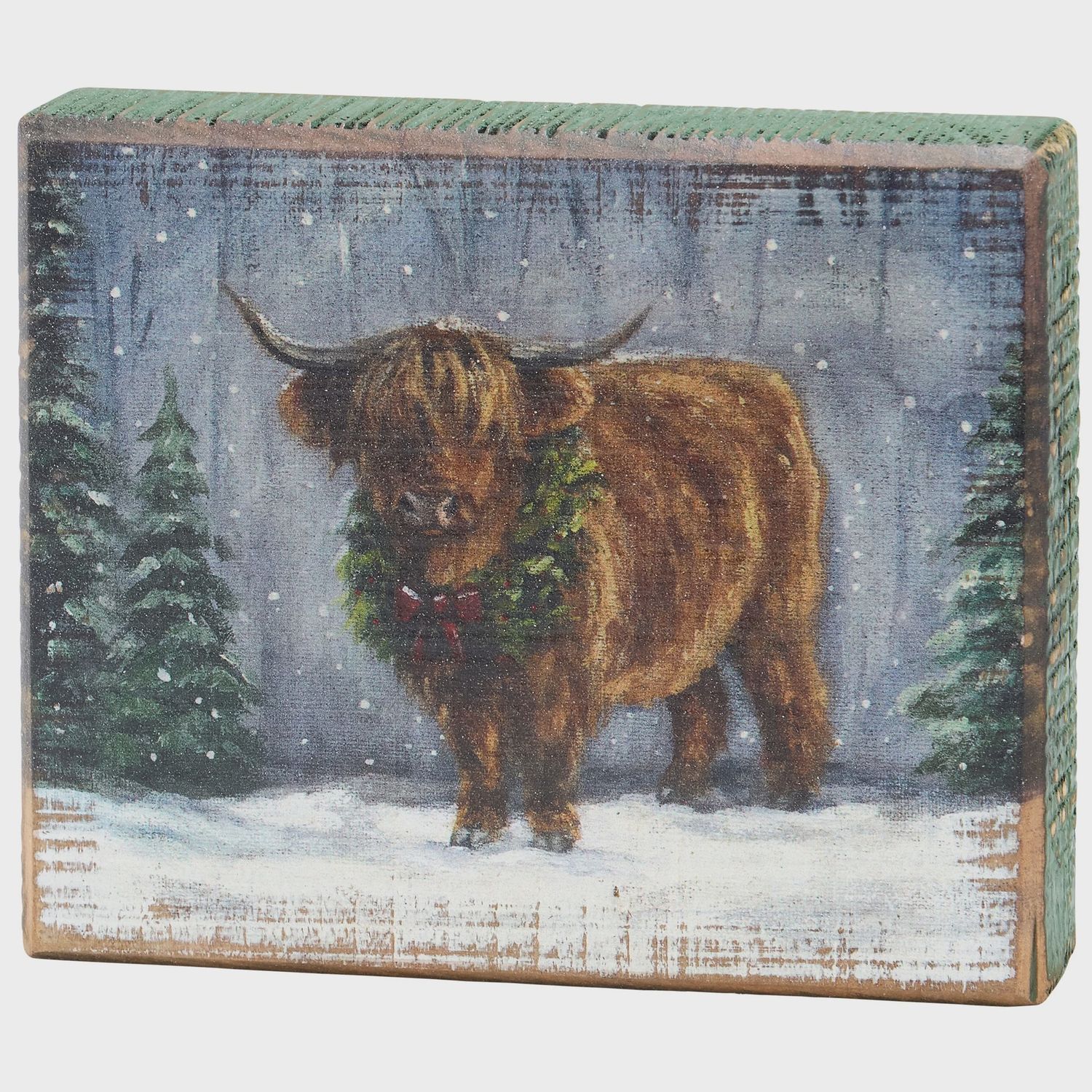 Block Sign, Snowy Highland Cow