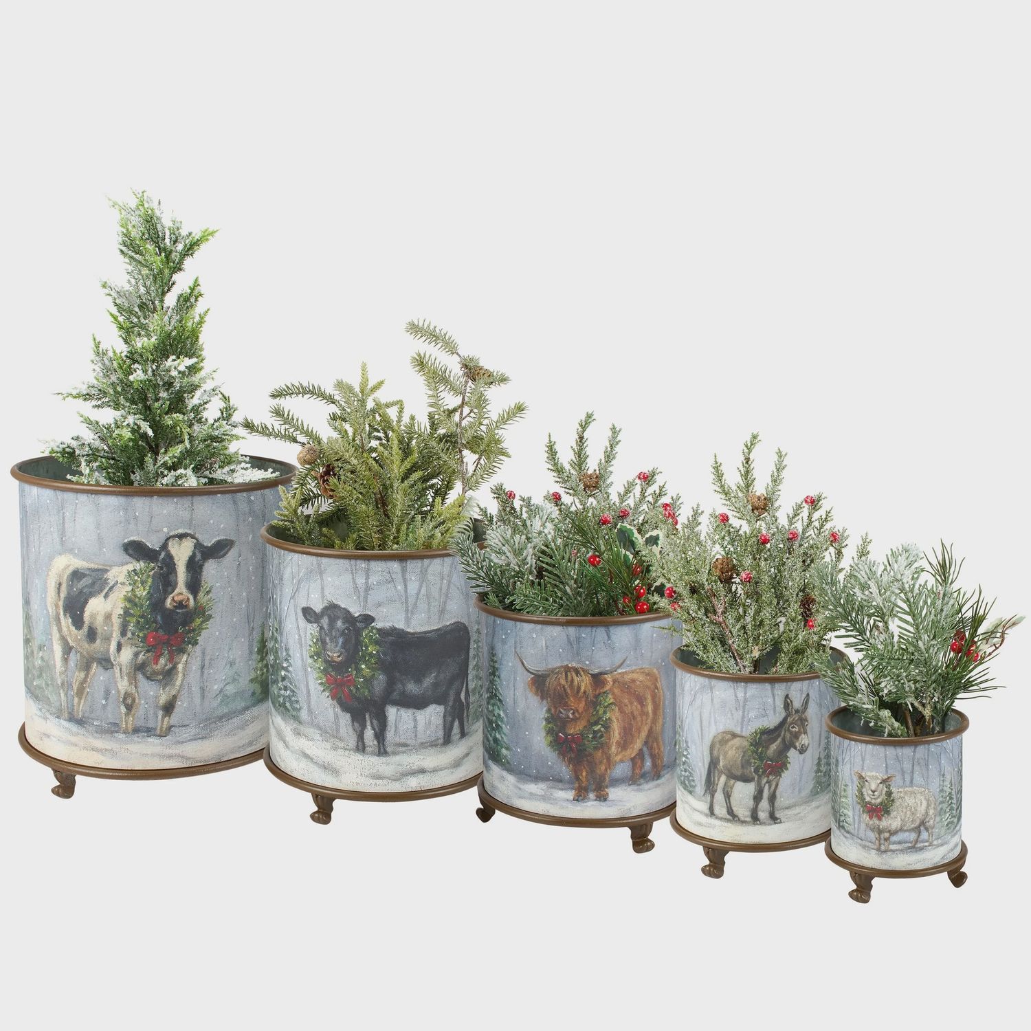 Planter, Snowy Animals w/Wreath 5 ass't