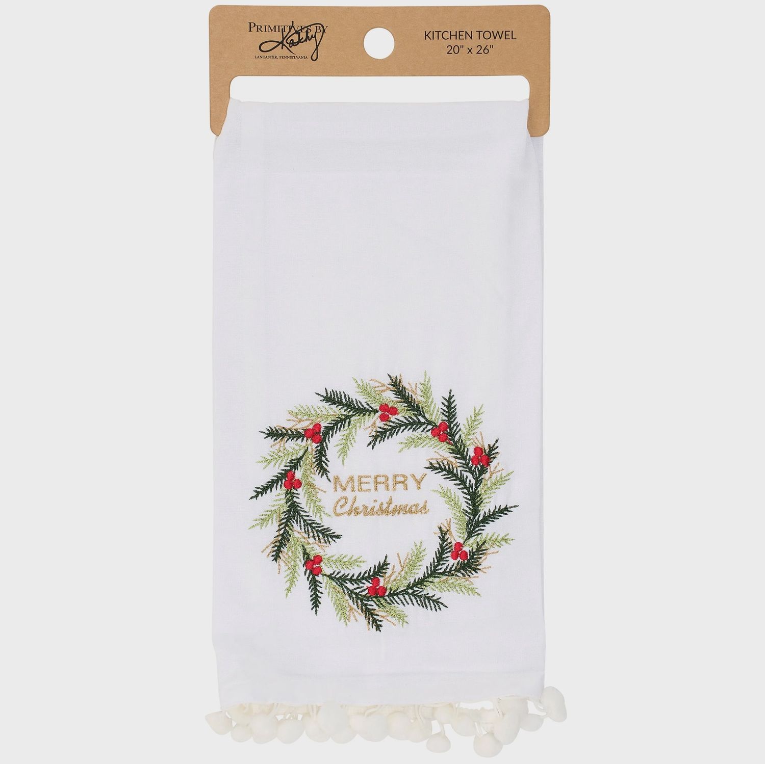 Dish Towel, Merry Christmas Wreath w/pompom