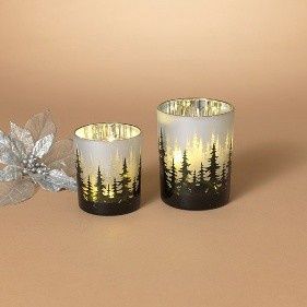 Luminary, Set/2 Frosted Glass w/Green Trees 4"/5"