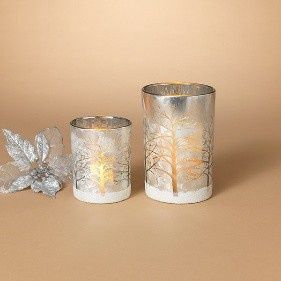 Candle Holder, Frosted Glass w/Tree Design Set/2