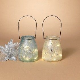 Lantern, 5.9" Lighted Glass w/Snowflake Embellishment
