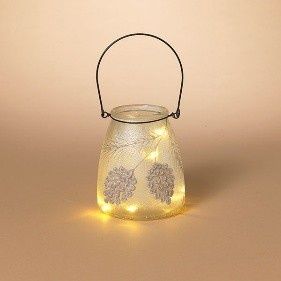 Lantern, Lighted Frosted Glass w/Pinecone Design w/Handle