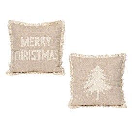 Pillow, 16&quot; Tan Fabric Embroidered Design w/Fringes 2 Asst