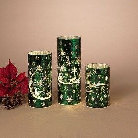 Luminaries, Dark Green Lighted Glass Santa Design Set/3