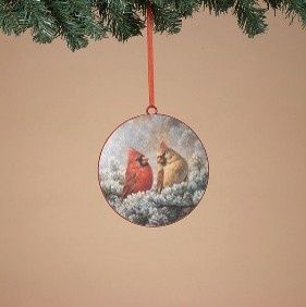 Ornament, Metal Holiday Disc w/Cardinal Design 6"