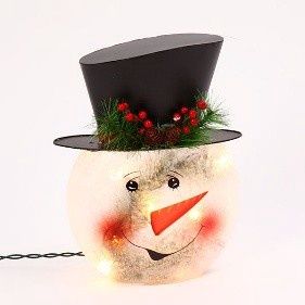Snowman, 11" Electric Lighted Metal &amp; Frosted Glass