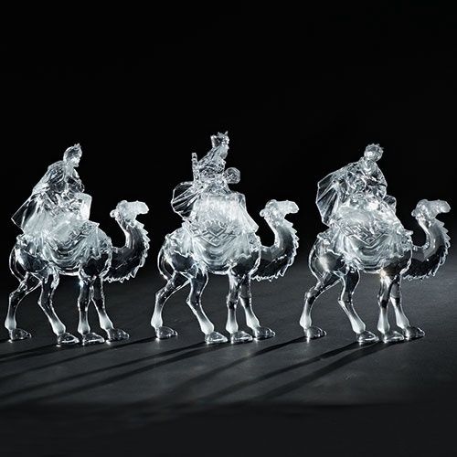 Nativity, set/3 Kings on Camels 11&quot; clear/frosted acrylic