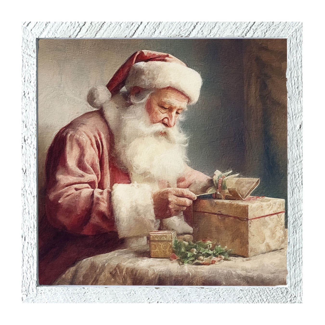 Picture, Old World Santa w/Gift 25x25
