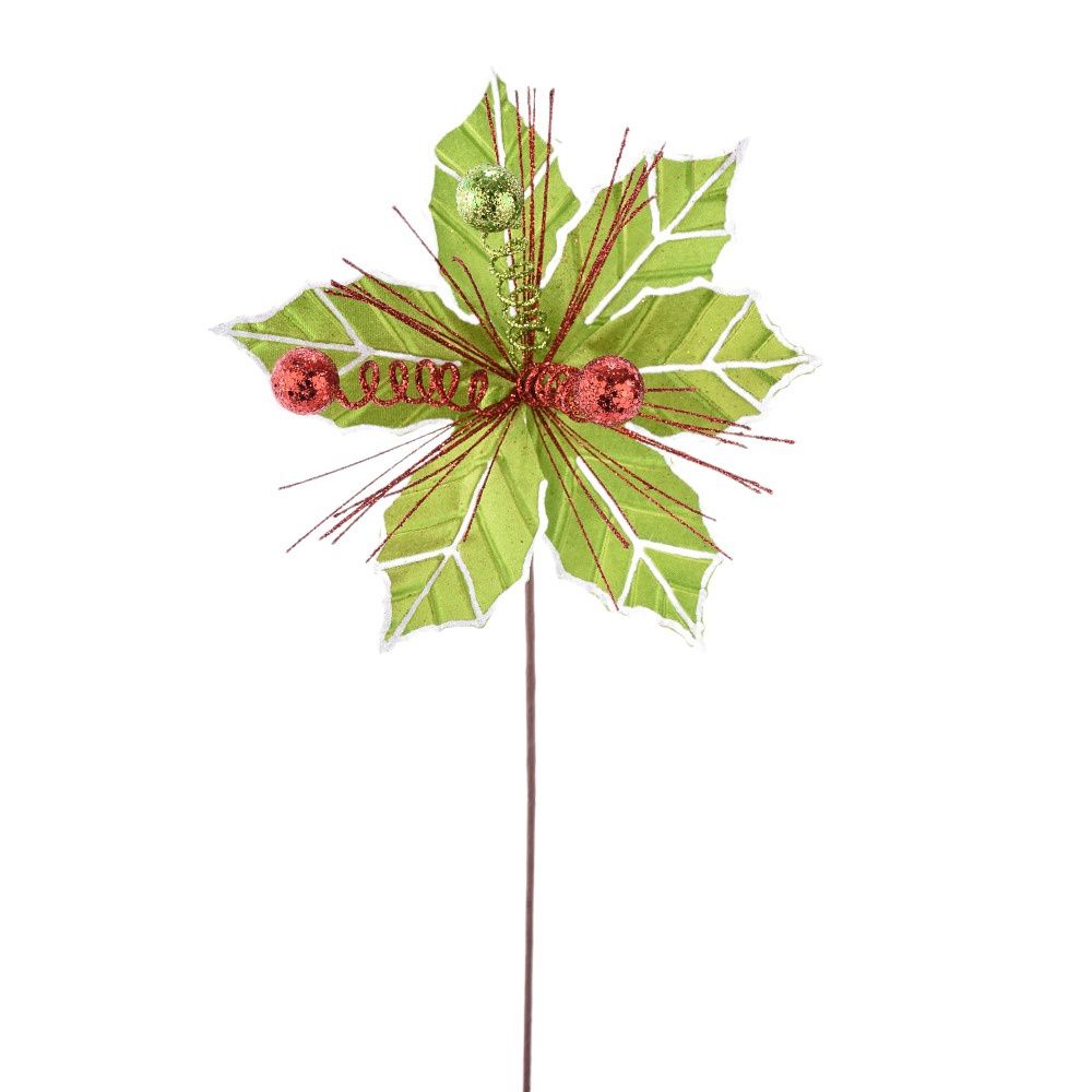 Poinsettia, Lime Green w/Glittery Red/Green Cluster 28"